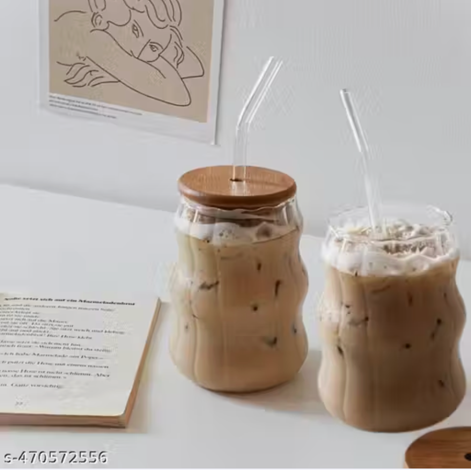 Wave shape glass tumbler with wooden lid and straw for coffee smoothies iced tea and milkshakes