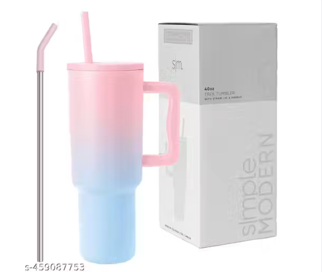 Pink and blue stainless steel insulated tumbler with handle and straw, 40oz leak proof travel drinkware mug