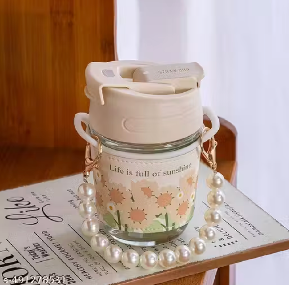 350ml glass water cup with straw sealing lid and pearl handle for coffee tea and travel use