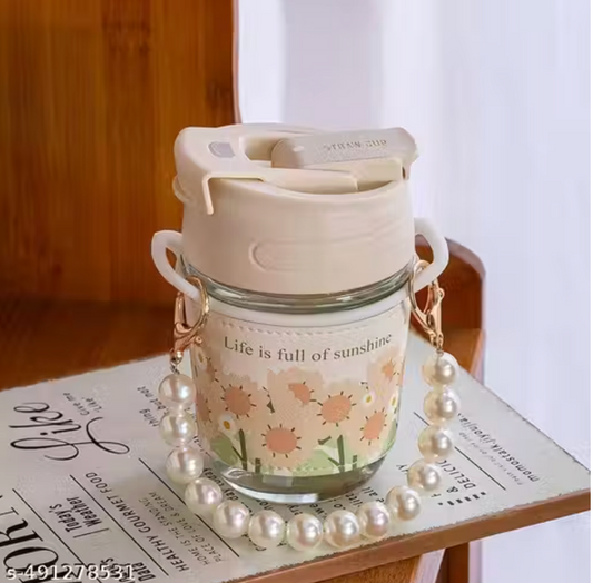 350ml glass water cup with straw sealing lid and pearl handle for coffee tea and travel use
